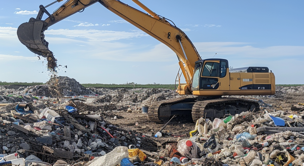 An excavator removing junk from a large pile of waste.